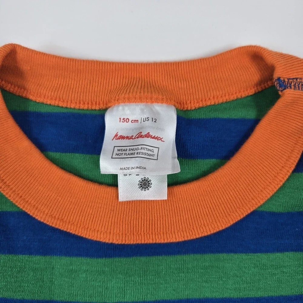 Hanna Andersson Kid's Sz 12 150cm Striped Blue Green Long Sleeve Top Pajama